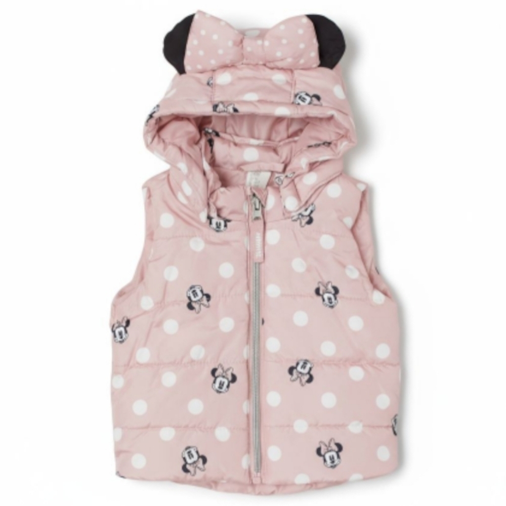 Disney Minnie Mouse Pink Polka Dot Puffer Vest H&M Toddler 2–3T Hooded